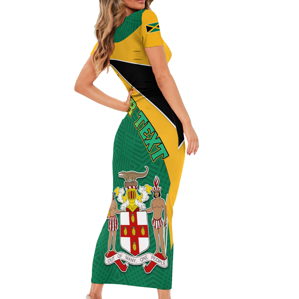 Personalised Jamaica Independence Day Short Sleeve Bodycon Dress Jumieka Lion Mix African Pattern - Wonder Print Shop