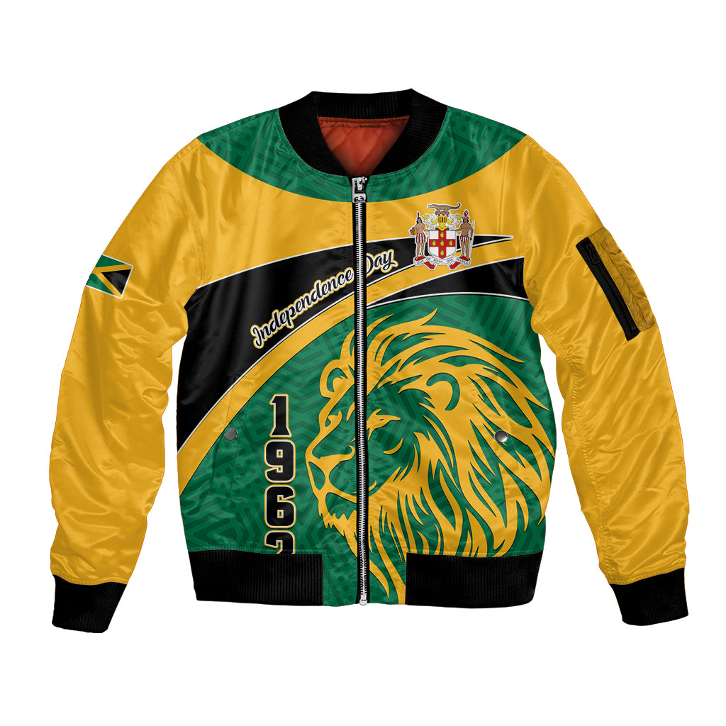 Personalised Jamaica Independence Day Sleeve Zip Bomber Jacket Jumieka Lion Mix African Pattern - Wonder Print Shop