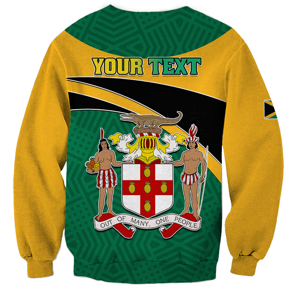 Green and yellow sweatshirt with crest and YOUR TEXT banner, Jamaica flag emblem