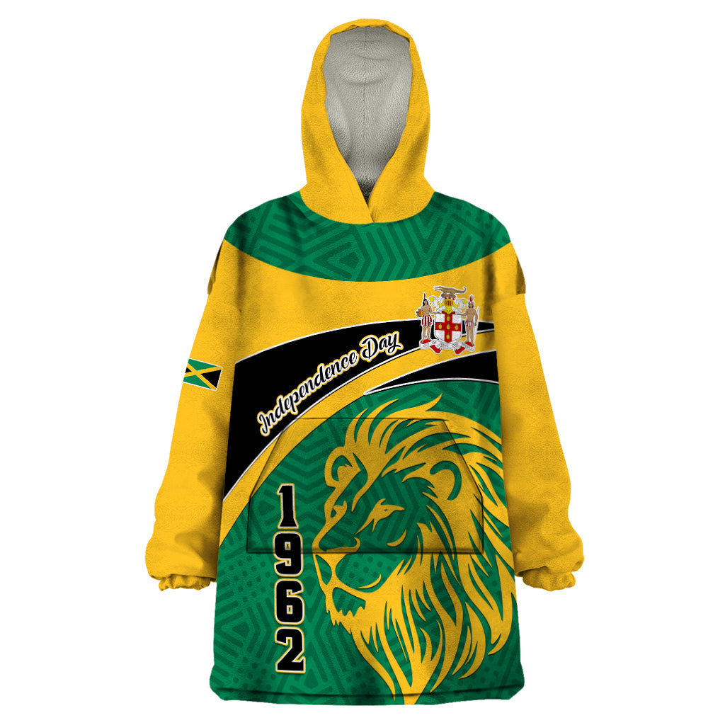 Personalised Jamaica Independence Day Wearable Blanket Hoodie Jumieka Lion Mix African Pattern - Wonder Print Shop