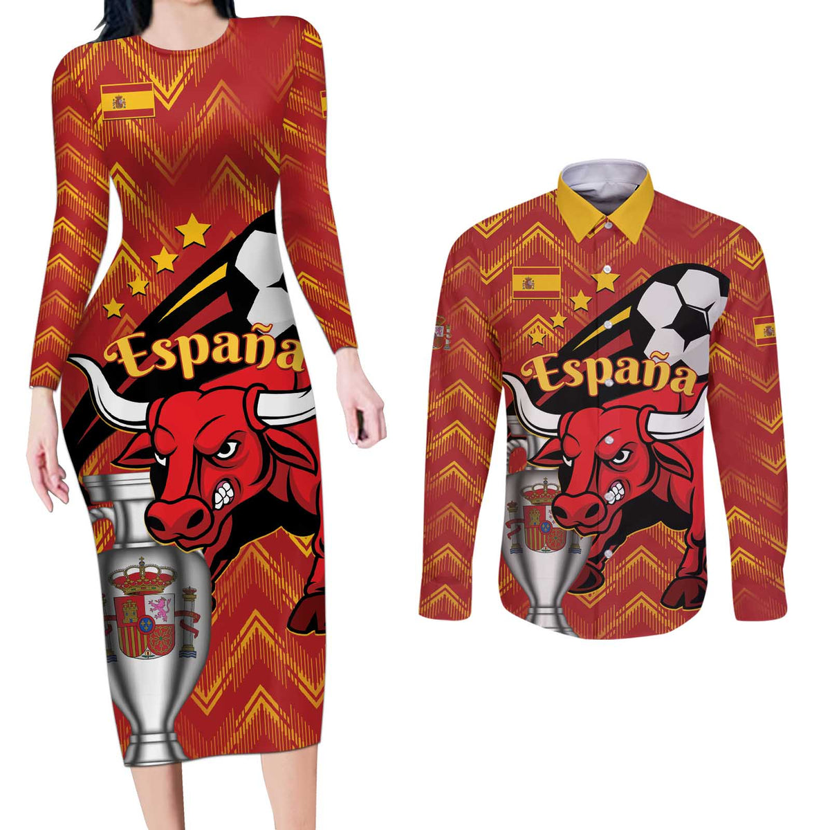 Spain 2024 Football Champions Couples Matching Long Sleeve Bodycon Dress and Long Sleeve Button Shirt Espana La Roja - Wonder Print Shop