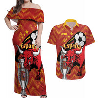 Spain 2024 Football Champions Couples Matching Off Shoulder Maxi Dress and Hawaiian Shirt Espana La Roja - Wonder Print Shop