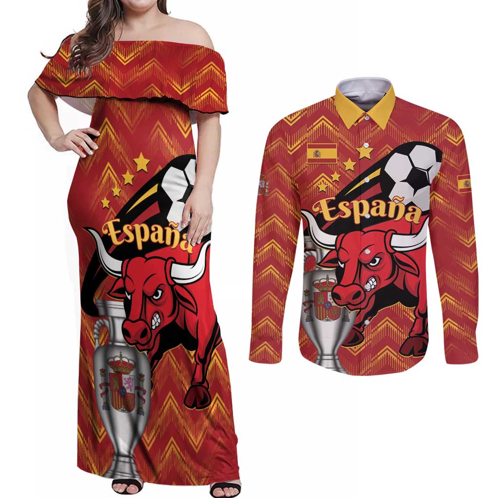Spain 2024 Football Champions Couples Matching Off Shoulder Maxi Dress and Long Sleeve Button Shirt Espana La Roja - Wonder Print Shop
