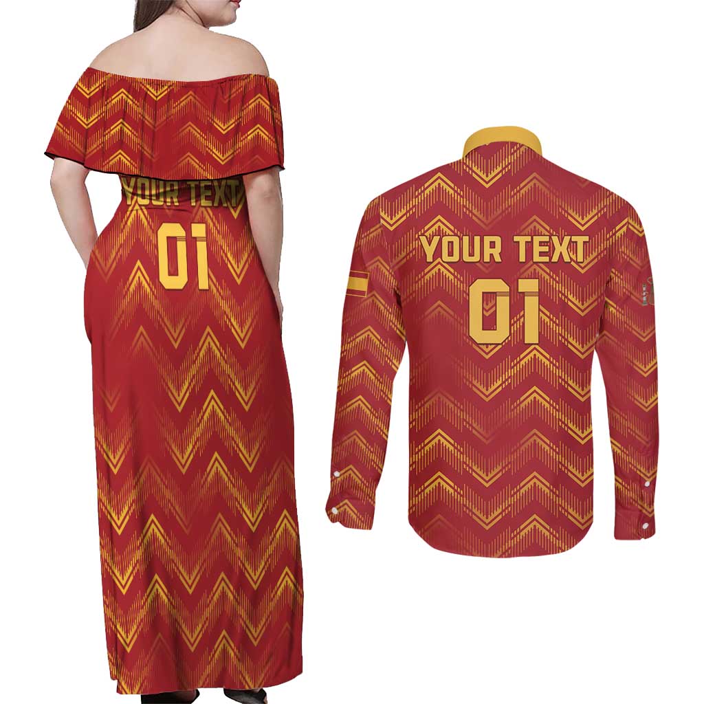 Spain 2024 Football Champions Couples Matching Off Shoulder Maxi Dress and Long Sleeve Button Shirt Espana La Roja - Wonder Print Shop