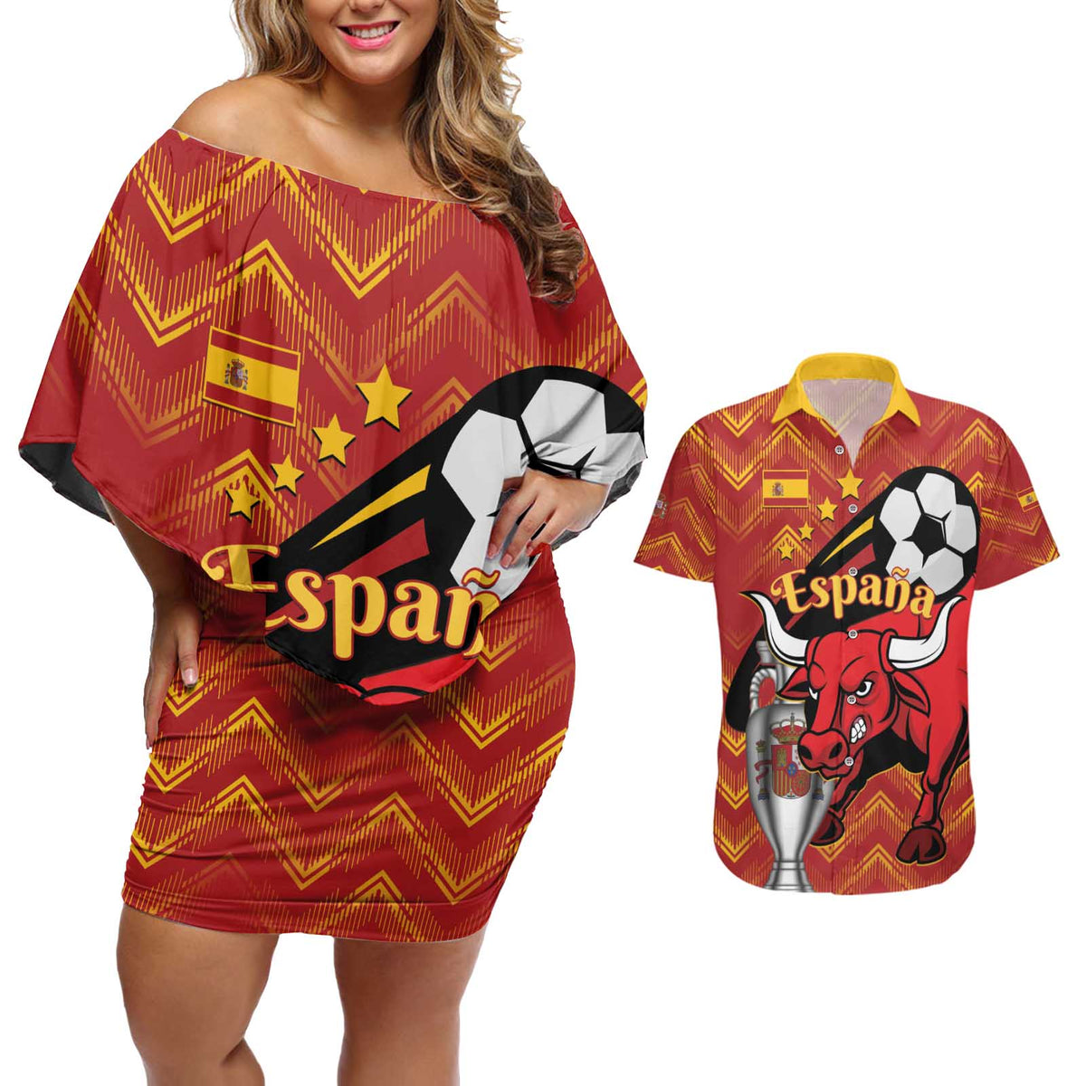 Spain 2024 Football Champions Couples Matching Off Shoulder Short Dress and Hawaiian Shirt Espana La Roja - Wonder Print Shop