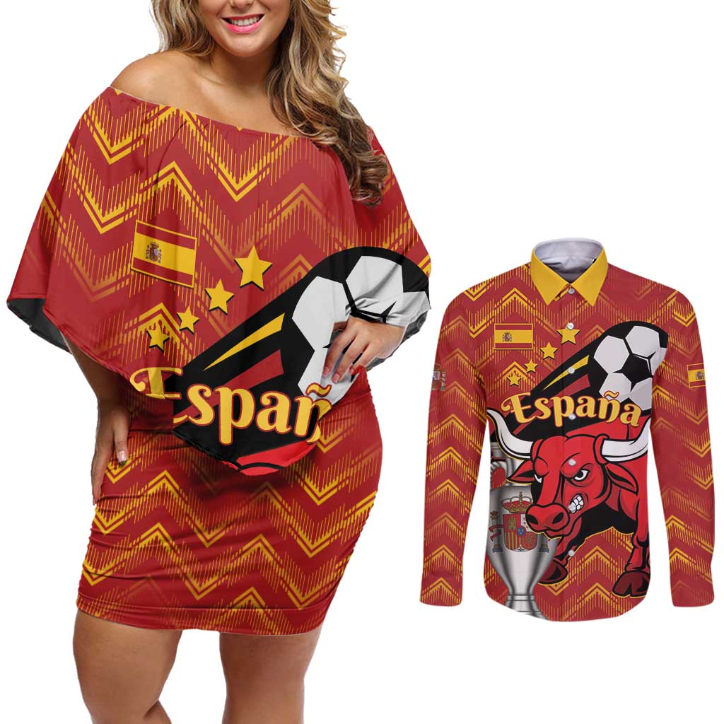 Spain 2024 Football Champions Couples Matching Off Shoulder Short Dress and Long Sleeve Button Shirt Espana La Roja - Wonder Print Shop