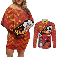 Spain 2024 Football Champions Couples Matching Off Shoulder Short Dress and Long Sleeve Button Shirt Espana La Roja - Wonder Print Shop