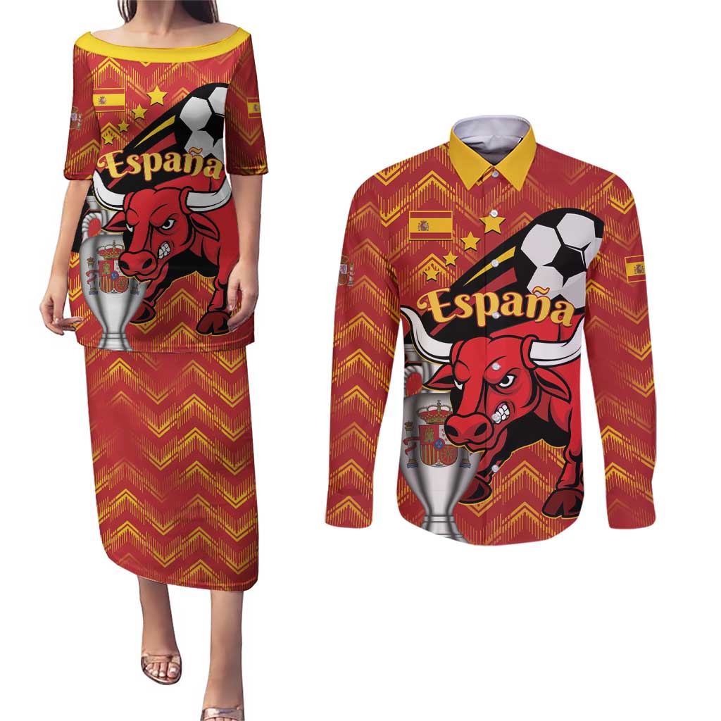 Spain 2024 Football Champions Couples Matching Puletasi and Long Sleeve Button Shirt Espana La Roja - Wonder Print Shop