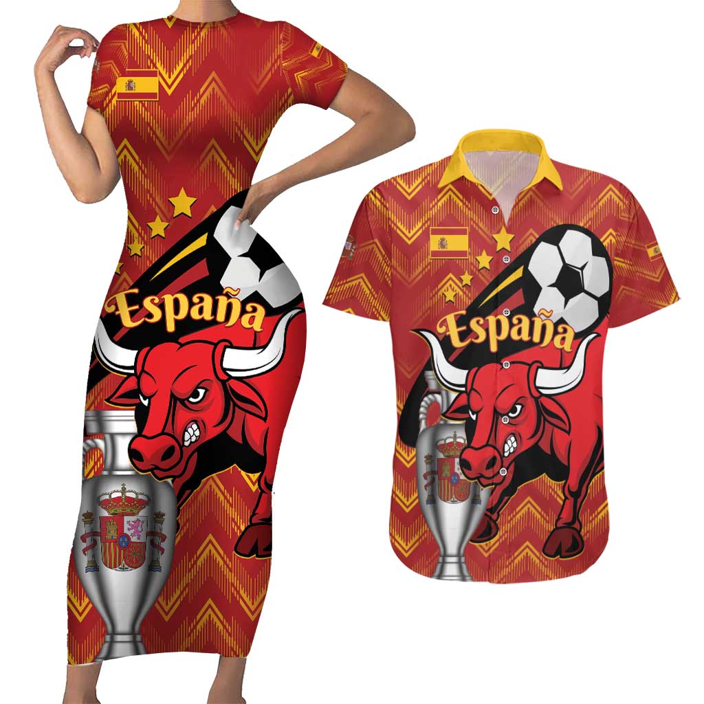 Spain 2024 Football Champions Couples Matching Short Sleeve Bodycon Dress and Hawaiian Shirt Espana La Roja - Wonder Print Shop