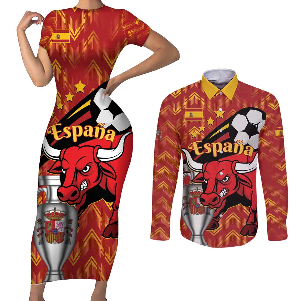 Spain 2024 Football Champions Couples Matching Short Sleeve Bodycon Dress and Long Sleeve Button Shirt Espana La Roja - Wonder Print Shop