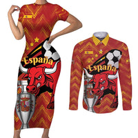 Spain 2024 Football Champions Couples Matching Short Sleeve Bodycon Dress and Long Sleeve Button Shirt Espana La Roja - Wonder Print Shop