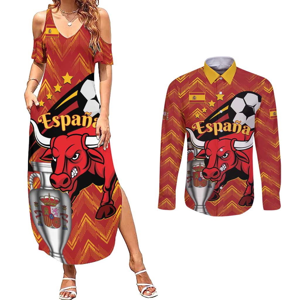 Spain 2024 Football Champions Couples Matching Summer Maxi Dress and Long Sleeve Button Shirt Espana La Roja - Wonder Print Shop