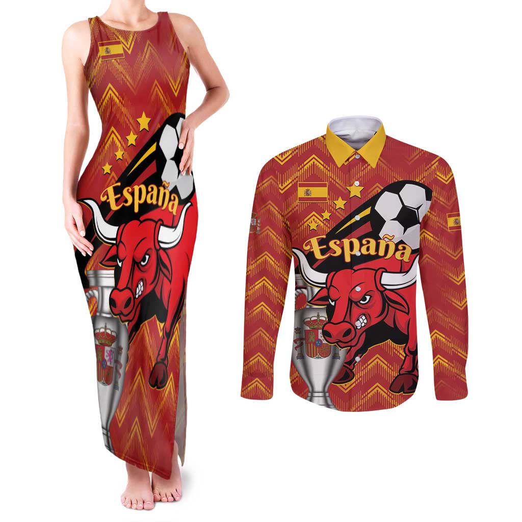Spain 2024 Football Champions Couples Matching Tank Maxi Dress and Long Sleeve Button Shirt Espana La Roja - Wonder Print Shop