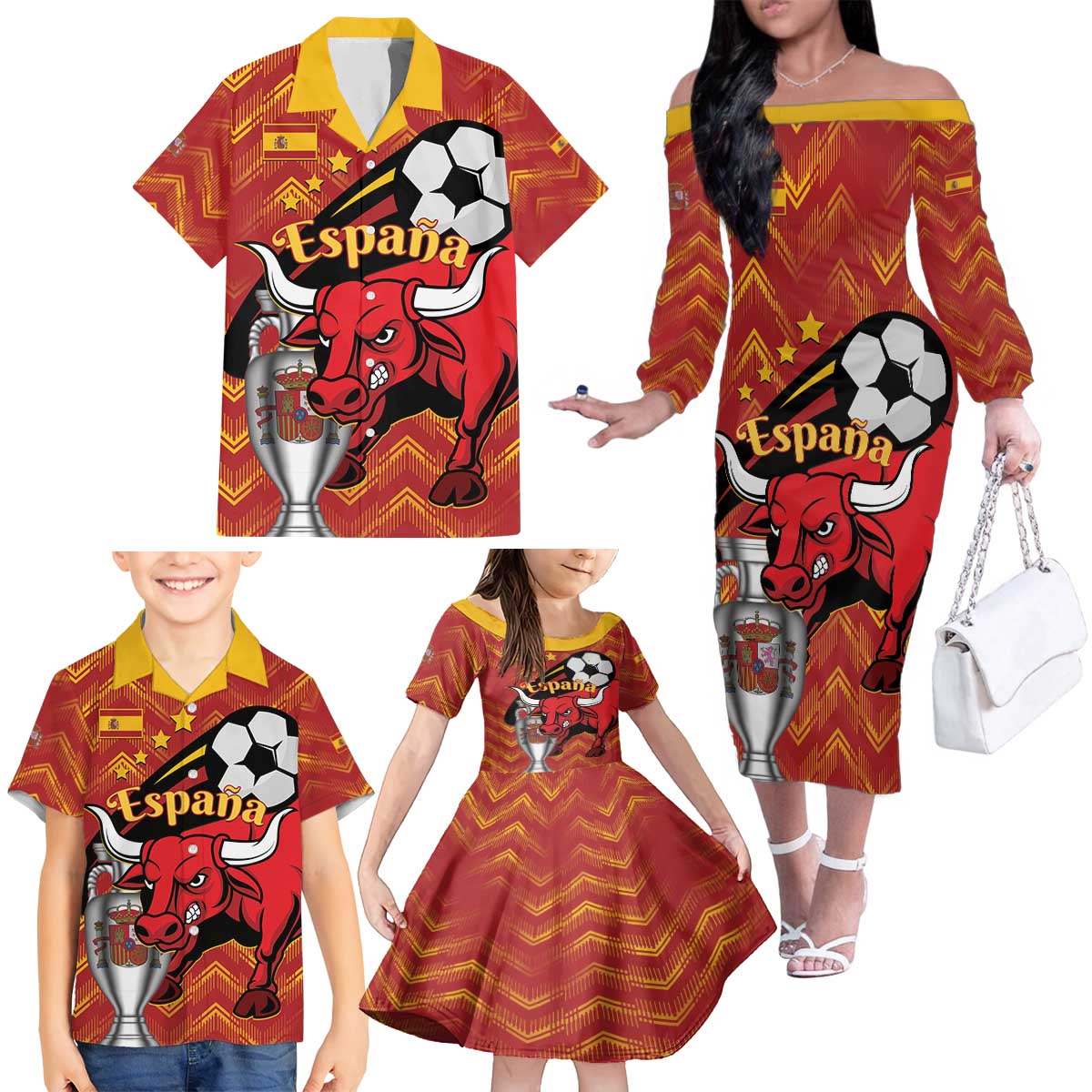 Spain 2024 Football Champions Family Matching Off The Shoulder Long Sleeve Dress and Hawaiian Shirt Espana La Roja - Wonder Print Shop