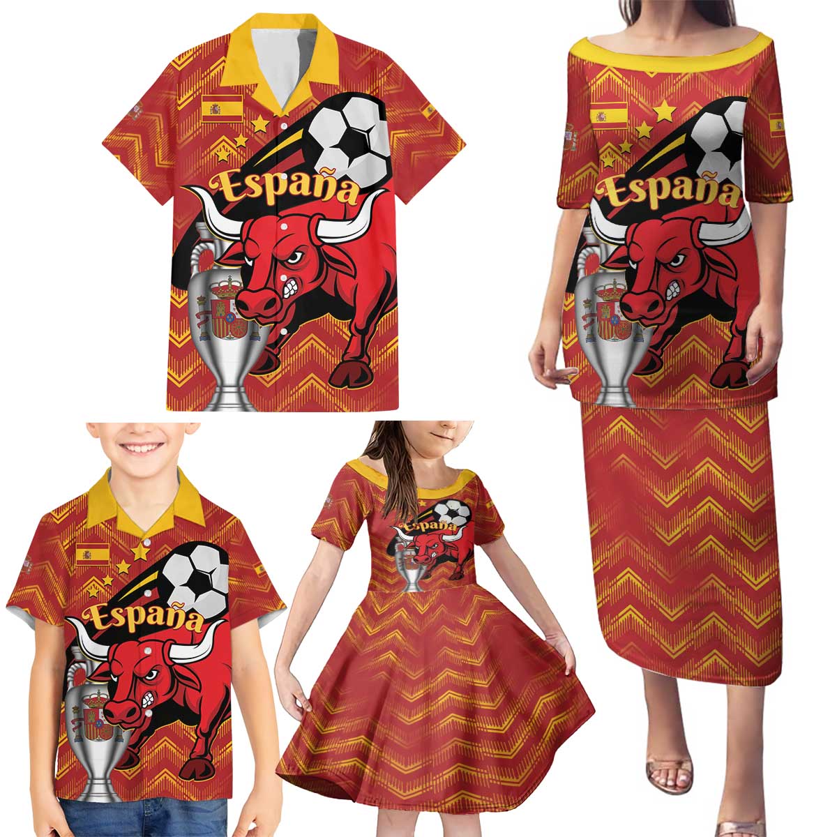 Spain 2024 Football Champions Family Matching Puletasi and Hawaiian Shirt Espana La Roja - Wonder Print Shop
