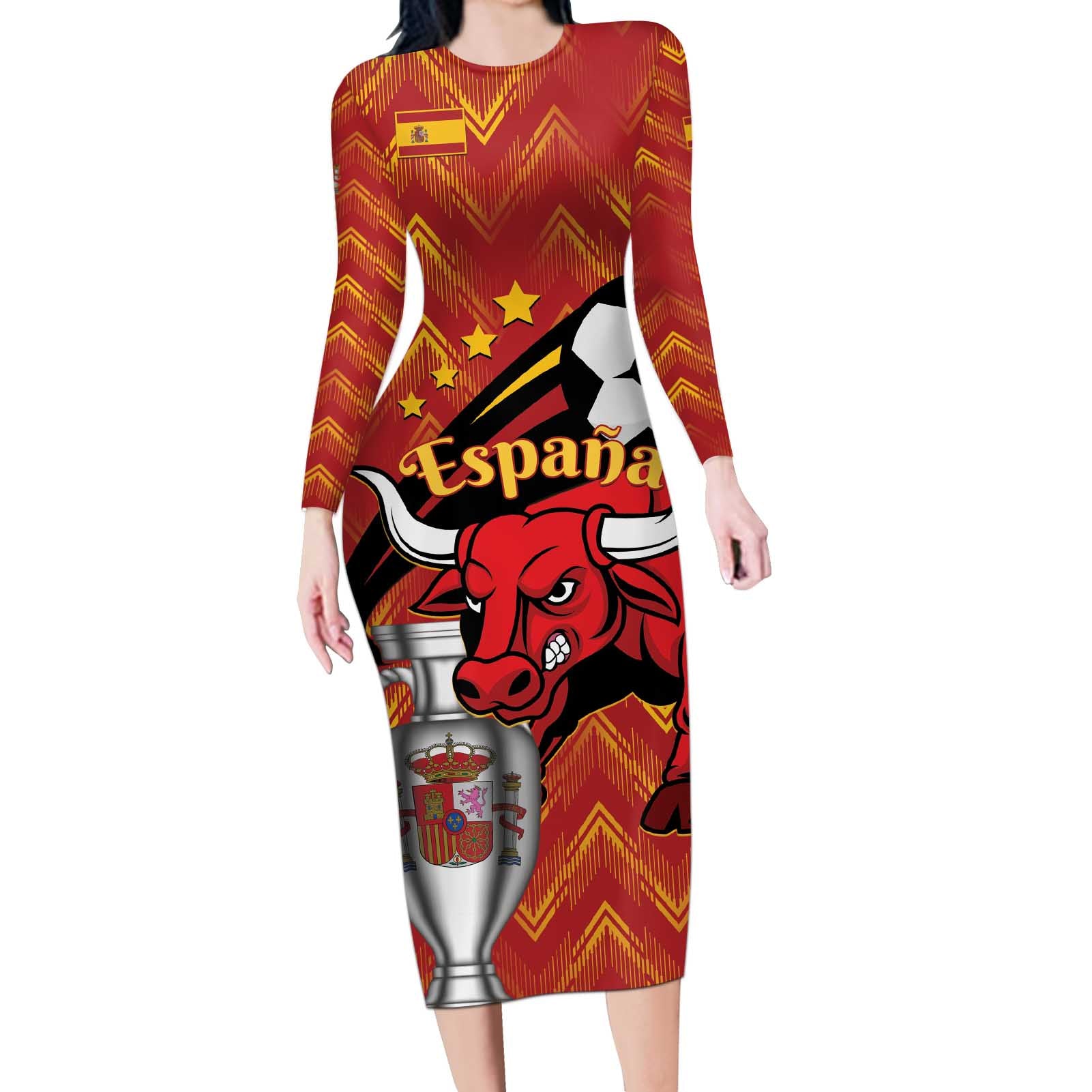 Spain 2024 Football Champions Long Sleeve Bodycon Dress Espana La Roja - Wonder Print Shop