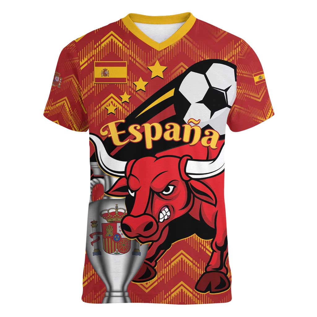 Spain 2024 Football Champions Women V-Neck T-Shirt Espana La Roja - Wonder Print Shop