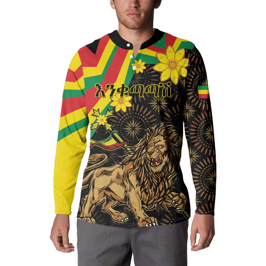 Enkutatash Ethiopia New Year Button Sweatshirt Lion of Judah Adey Abeba Flower - Wonder Print Shop