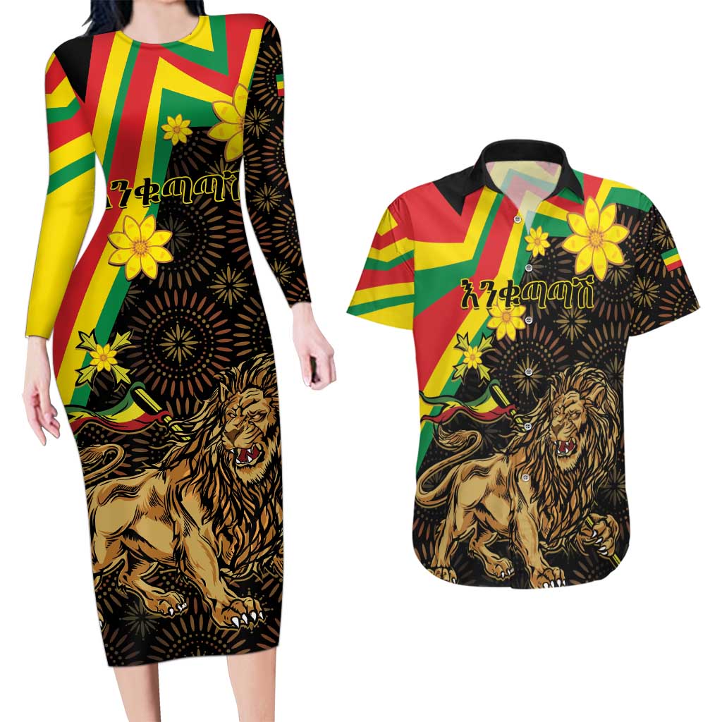 Enkutatash Ethiopia New Year Couples Matching Long Sleeve Bodycon Dress and Hawaiian Shirt Lion of Judah Adey Abeba Flower - Wonder Print Shop