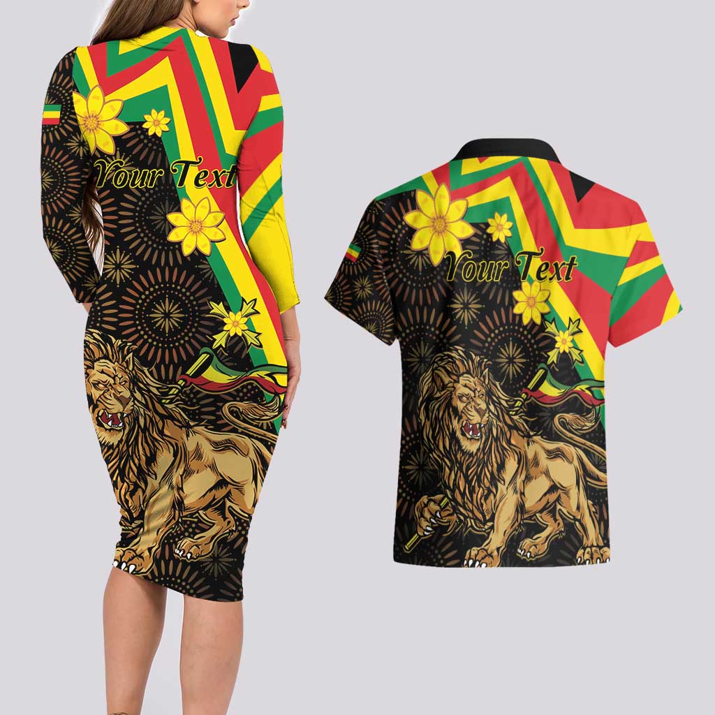 Enkutatash Ethiopia New Year Couples Matching Long Sleeve Bodycon Dress and Hawaiian Shirt Lion of Judah Adey Abeba Flower - Wonder Print Shop