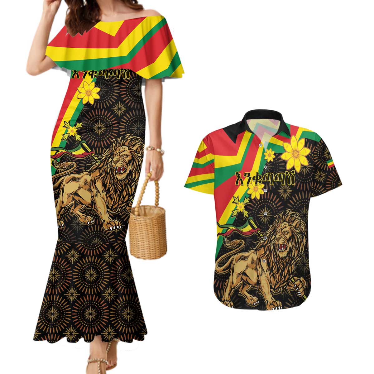 Enkutatash Ethiopia New Year Couples Matching Mermaid Dress and Hawaiian Shirt Lion of Judah Adey Abeba Flower - Wonder Print Shop
