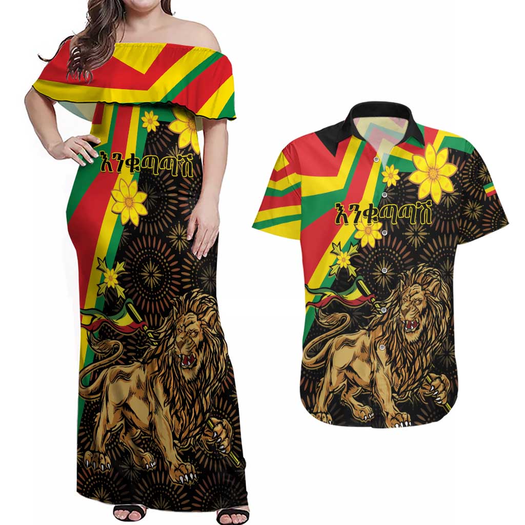 Enkutatash Ethiopia New Year Couples Matching Off Shoulder Maxi Dress and Hawaiian Shirt Lion of Judah Adey Abeba Flower - Wonder Print Shop