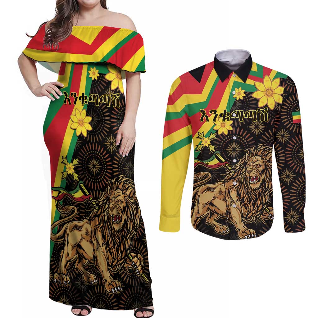 Enkutatash Ethiopia New Year Couples Matching Off Shoulder Maxi Dress and Long Sleeve Button Shirt Lion of Judah Adey Abeba Flower - Wonder Print Shop