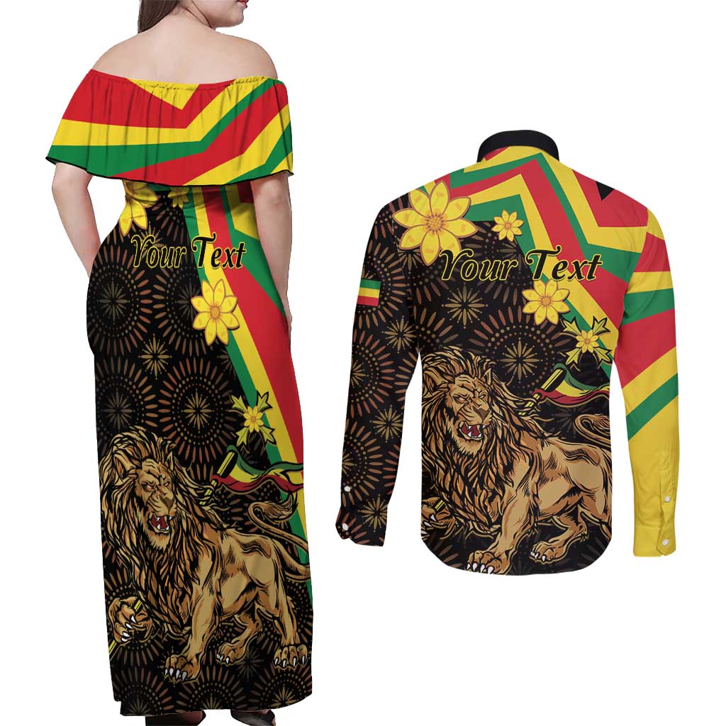 Enkutatash Ethiopia New Year Couples Matching Off Shoulder Maxi Dress and Long Sleeve Button Shirt Lion of Judah Adey Abeba Flower - Wonder Print Shop
