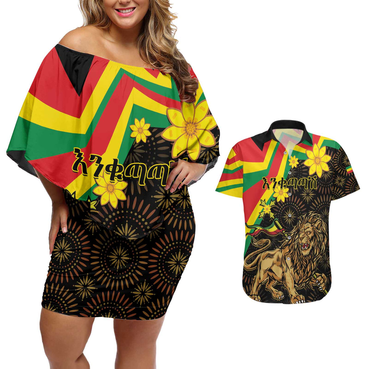 Enkutatash Ethiopia New Year Couples Matching Off Shoulder Short Dress and Hawaiian Shirt Lion of Judah Adey Abeba Flower - Wonder Print Shop
