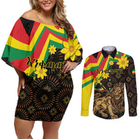 Enkutatash Ethiopia New Year Couples Matching Off Shoulder Short Dress and Long Sleeve Button Shirt Lion of Judah Adey Abeba Flower - Wonder Print Shop