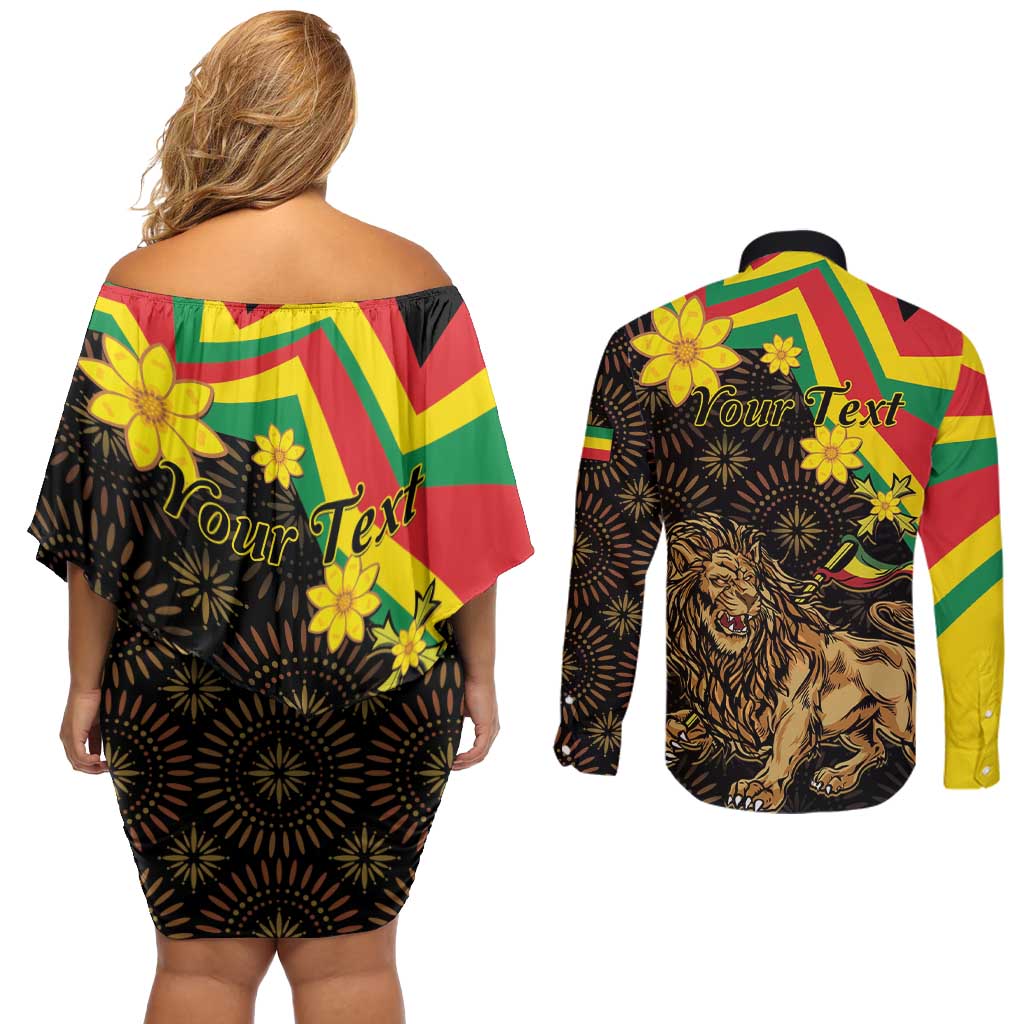 Enkutatash Ethiopia New Year Couples Matching Off Shoulder Short Dress and Long Sleeve Button Shirt Lion of Judah Adey Abeba Flower - Wonder Print Shop