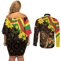 Enkutatash Ethiopia New Year Couples Matching Off Shoulder Short Dress and Long Sleeve Button Shirt Lion of Judah Adey Abeba Flower - Wonder Print Shop