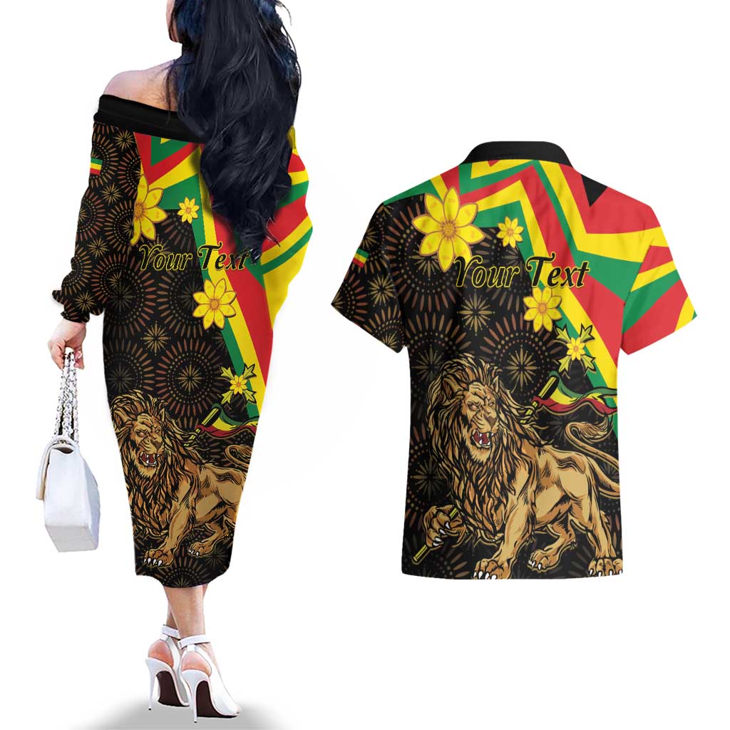 Enkutatash Ethiopia New Year Couples Matching Off The Shoulder Long Sleeve Dress and Hawaiian Shirt Lion of Judah Adey Abeba Flower - Wonder Print Shop