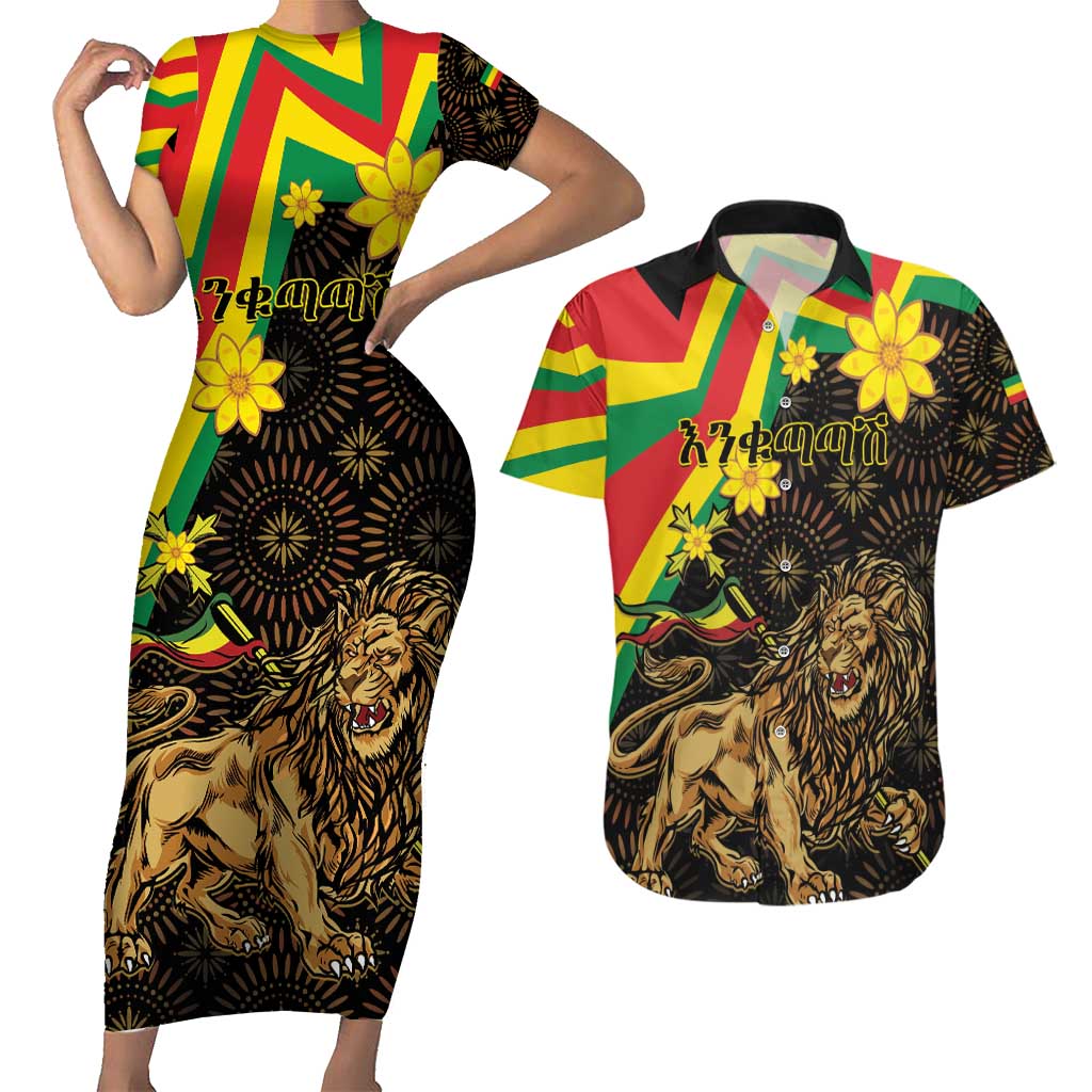 Enkutatash Ethiopia New Year Couples Matching Short Sleeve Bodycon Dress and Hawaiian Shirt Lion of Judah Adey Abeba Flower - Wonder Print Shop