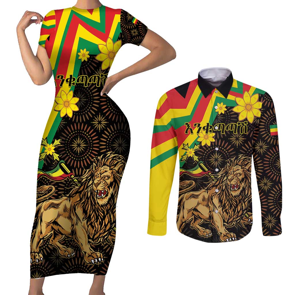 Enkutatash Ethiopia New Year Couples Matching Short Sleeve Bodycon Dress and Long Sleeve Button Shirt Lion of Judah Adey Abeba Flower - Wonder Print Shop