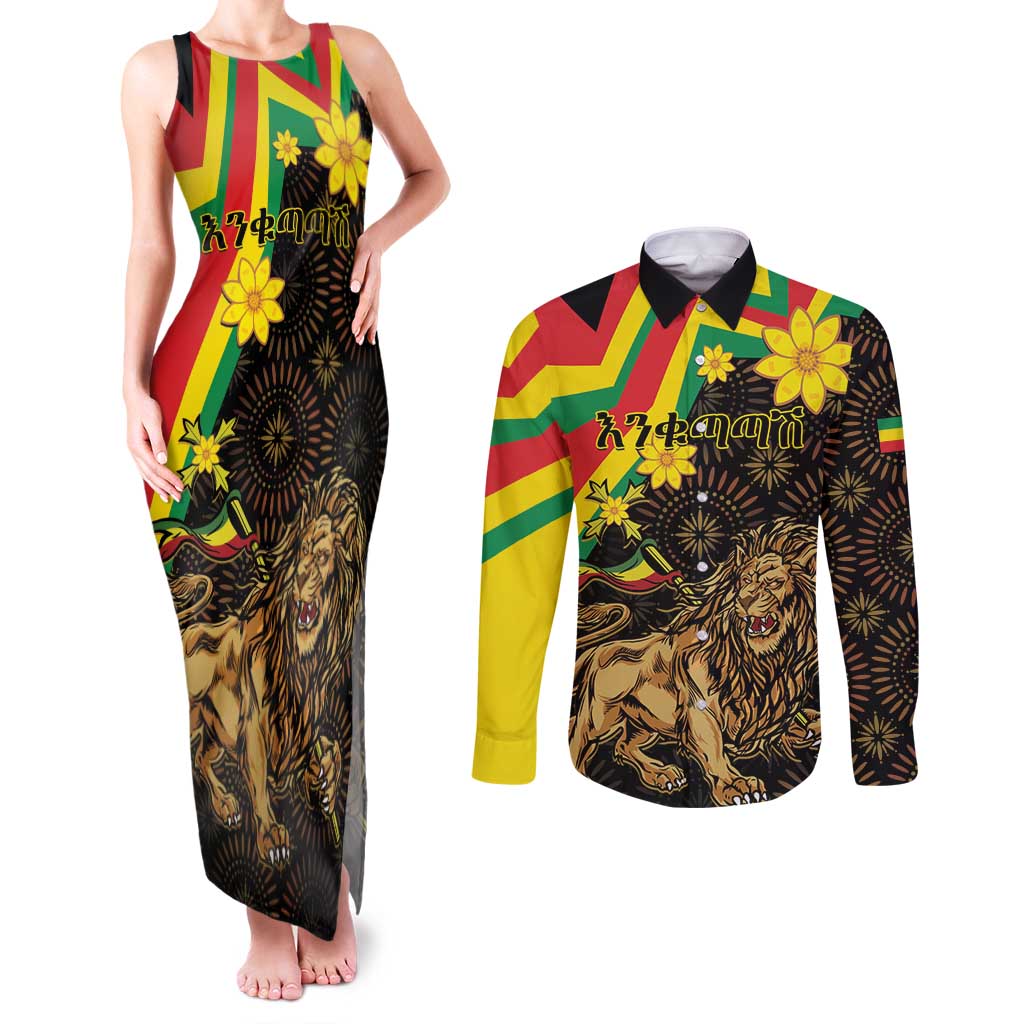Enkutatash Ethiopia New Year Couples Matching Tank Maxi Dress and Long Sleeve Button Shirt Lion of Judah Adey Abeba Flower - Wonder Print Shop