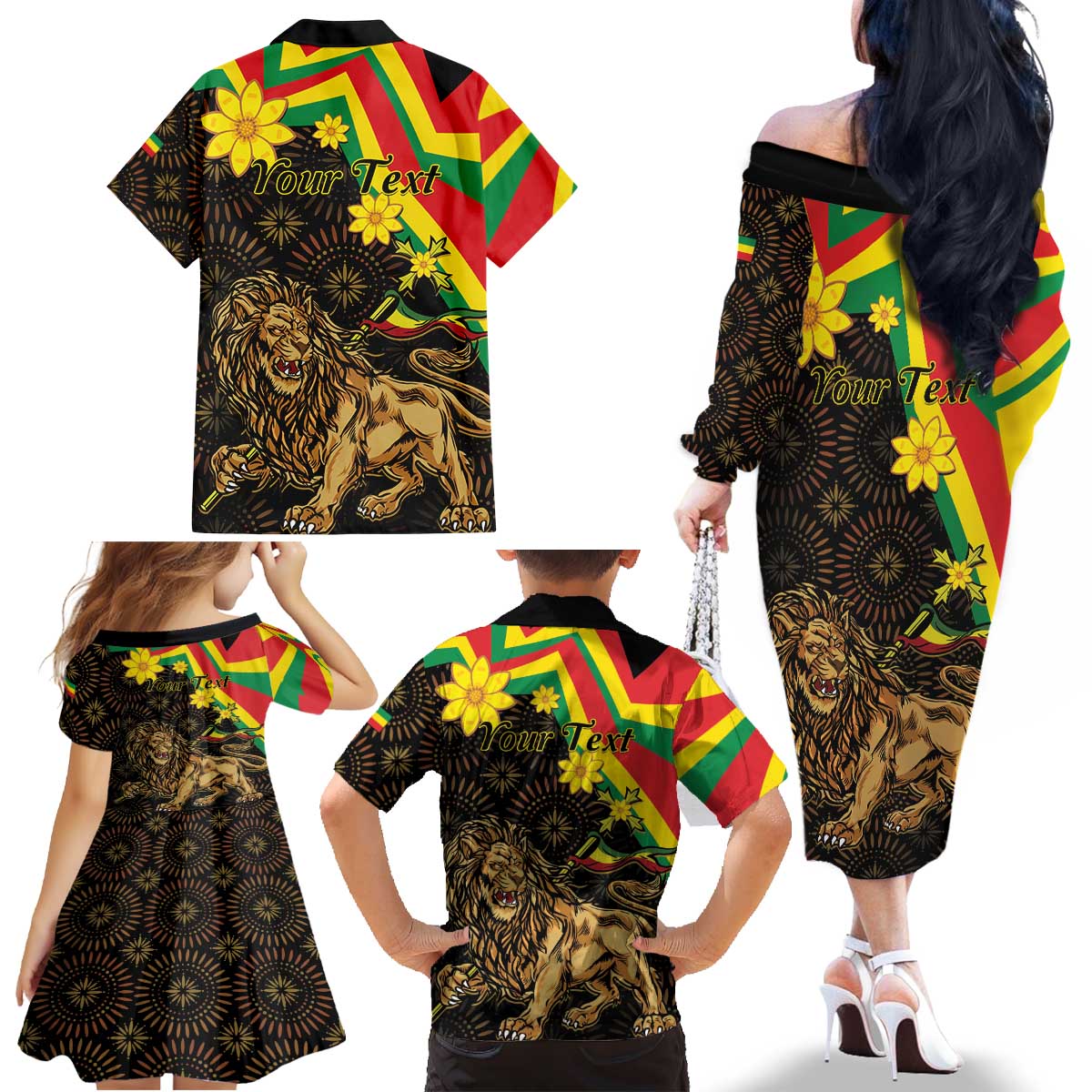 Enkutatash Ethiopia New Year Family Matching Off The Shoulder Long Sleeve Dress and Hawaiian Shirt Lion of Judah Adey Abeba Flower - Wonder Print Shop