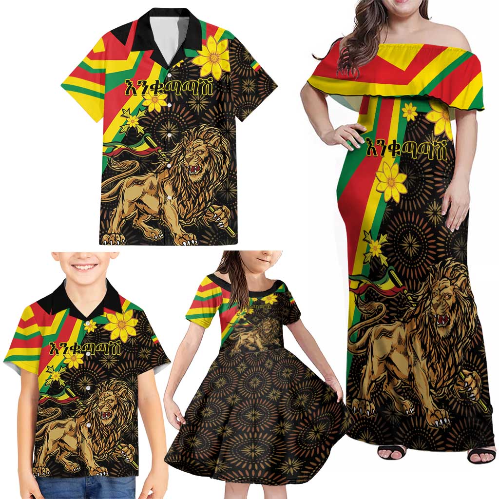 Enkutatash Ethiopia New Year Family Matching Off Shoulder Maxi Dress and Hawaiian Shirt Lion of Judah Adey Abeba Flower - Wonder Print Shop
