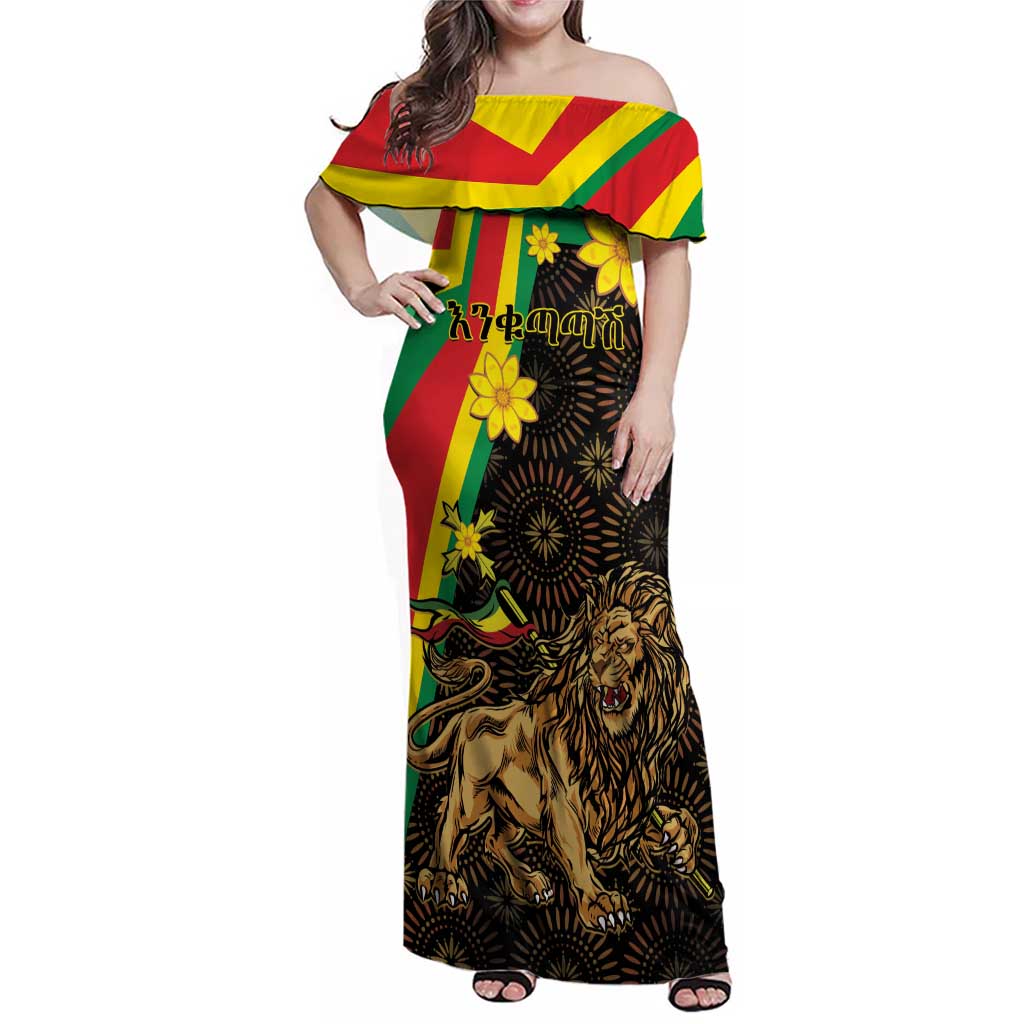 Enkutatash Ethiopia New Year Family Matching Off Shoulder Maxi Dress and Hawaiian Shirt Lion of Judah Adey Abeba Flower - Wonder Print Shop