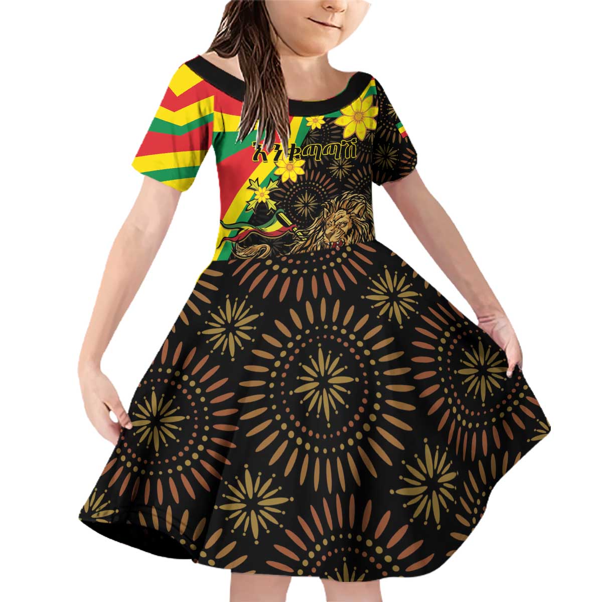 Enkutatash Ethiopia New Year Family Matching Off Shoulder Short Dress and Hawaiian Shirt Lion of Judah Adey Abeba Flower - Wonder Print Shop