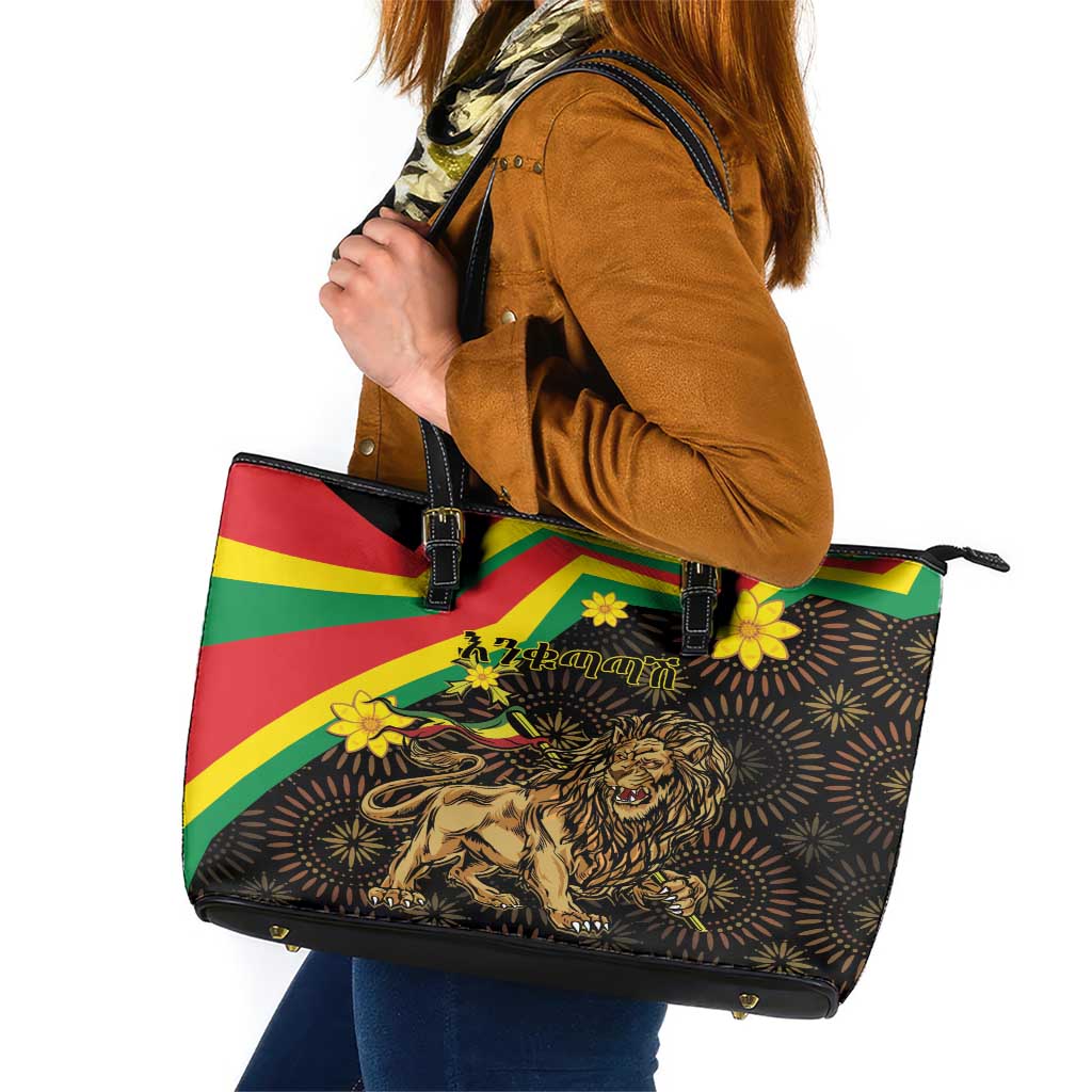 Enkutatash Ethiopia New Year Leather Tote Bag Lion of Judah Adey Abeba Flower - Wonder Print Shop