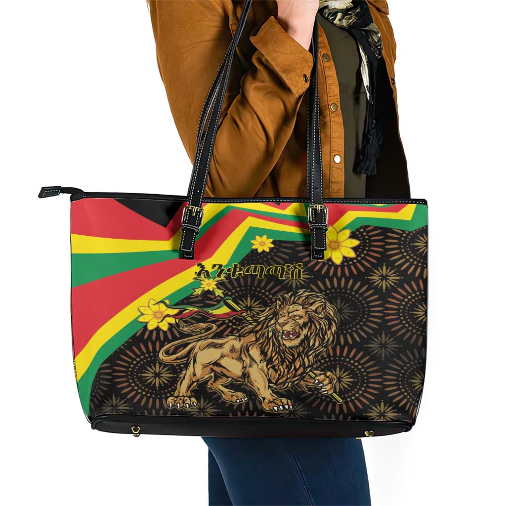 Enkutatash Ethiopia New Year Leather Tote Bag Lion of Judah Adey Abeba Flower - Wonder Print Shop