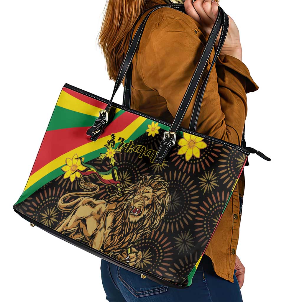 Enkutatash Ethiopia New Year Leather Tote Bag Lion of Judah Adey Abeba Flower - Wonder Print Shop