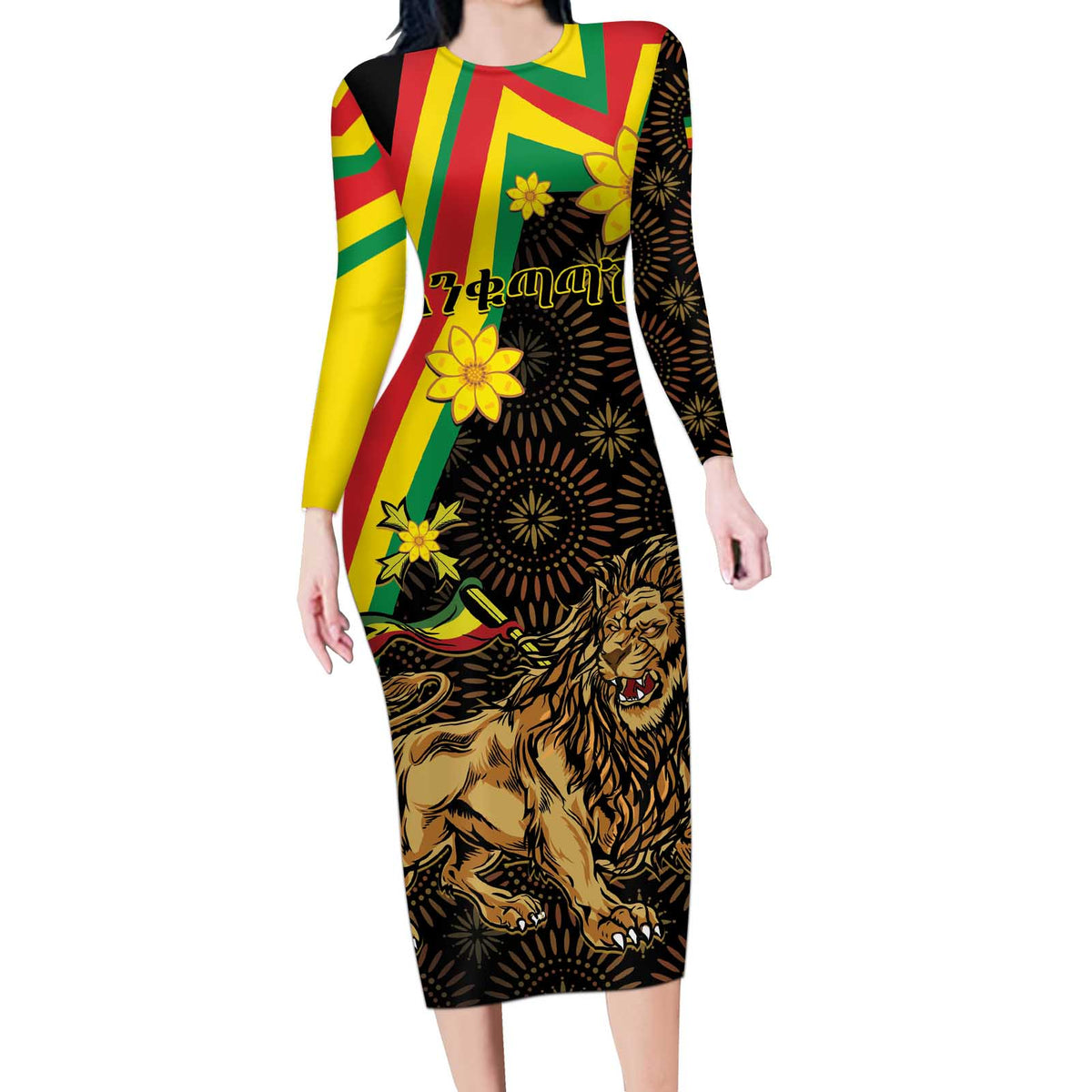 Enkutatash Ethiopia New Year Long Sleeve Bodycon Dress Lion of Judah Adey Abeba Flower - Wonder Print Shop