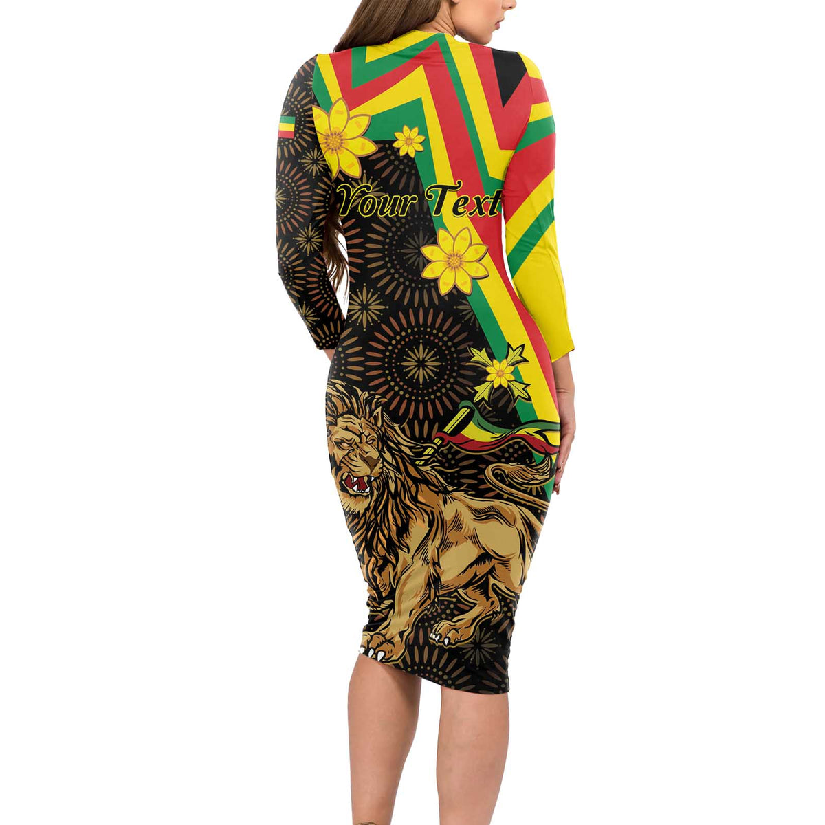 Enkutatash Ethiopia New Year Long Sleeve Bodycon Dress Lion of Judah Adey Abeba Flower - Wonder Print Shop