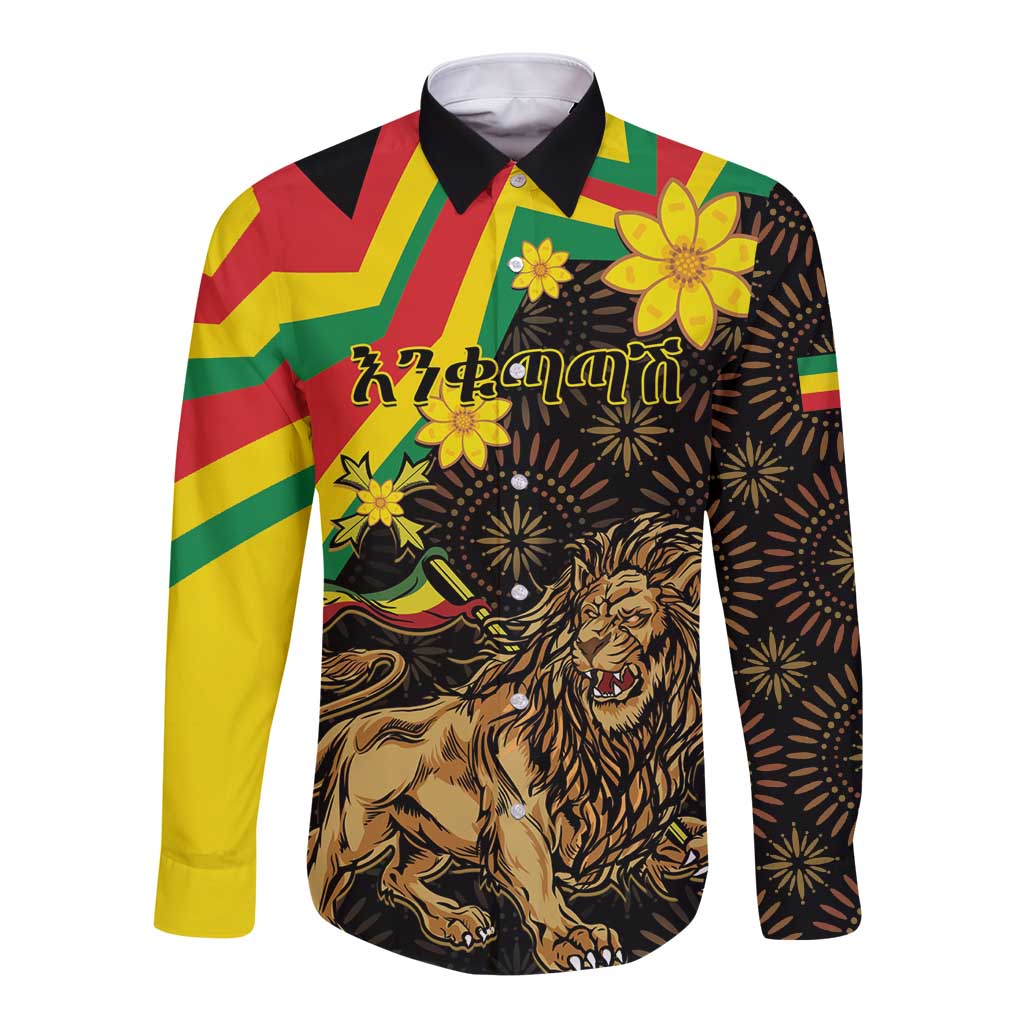 Enkutatash Ethiopia New Year Long Sleeve Button Shirt Lion of Judah Adey Abeba Flower - Wonder Print Shop