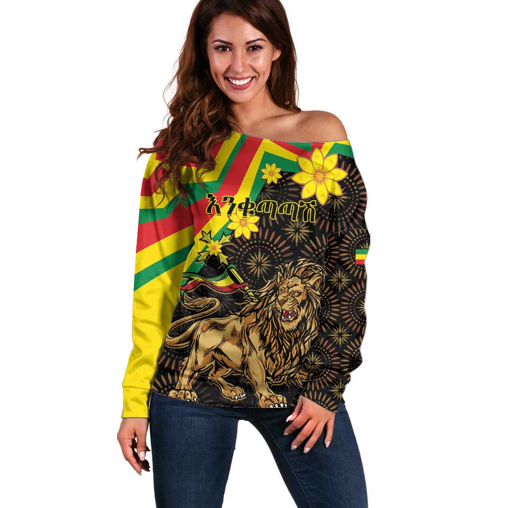 Enkutatash Ethiopia New Year Off Shoulder Sweater Lion of Judah Adey Abeba Flower - Wonder Print Shop