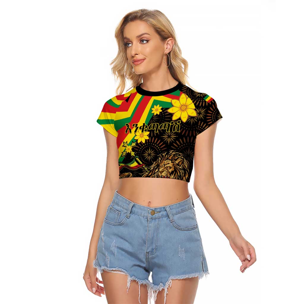Enkutatash Ethiopia New Year Raglan Cropped T Shirt Lion of Judah Adey Abeba Flower - Wonder Print Shop