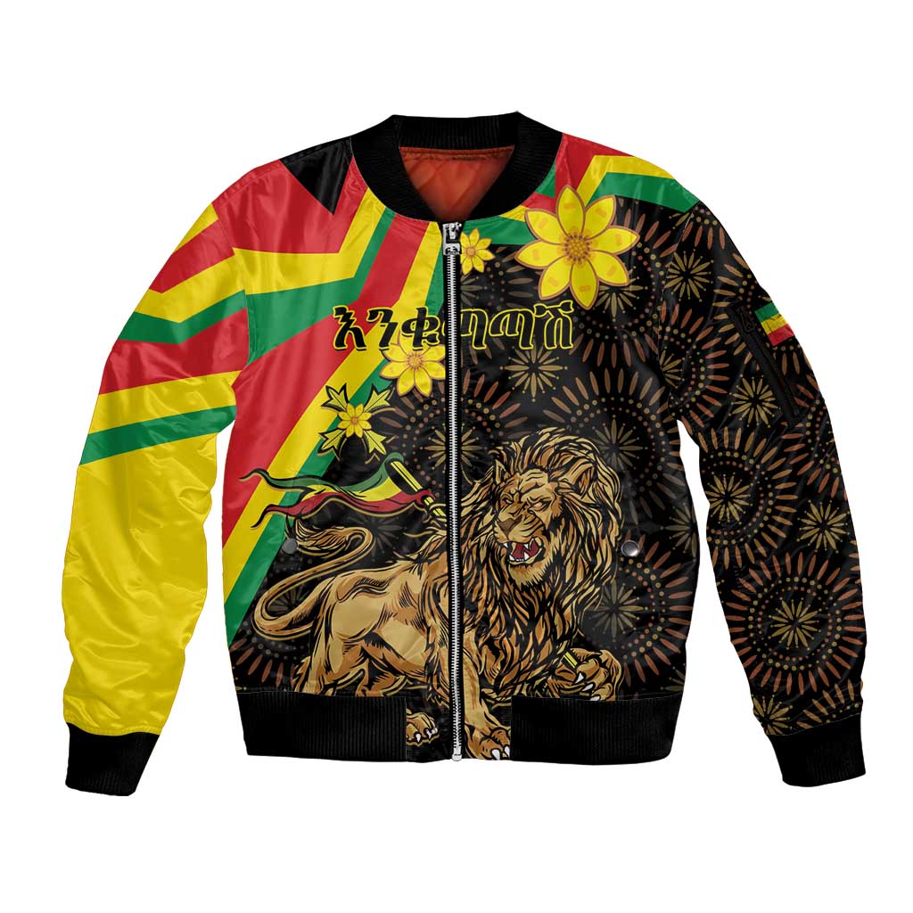 Enkutatash Ethiopia New Year Sleeve Zip Bomber Jacket Lion of Judah Adey Abeba Flower - Wonder Print Shop