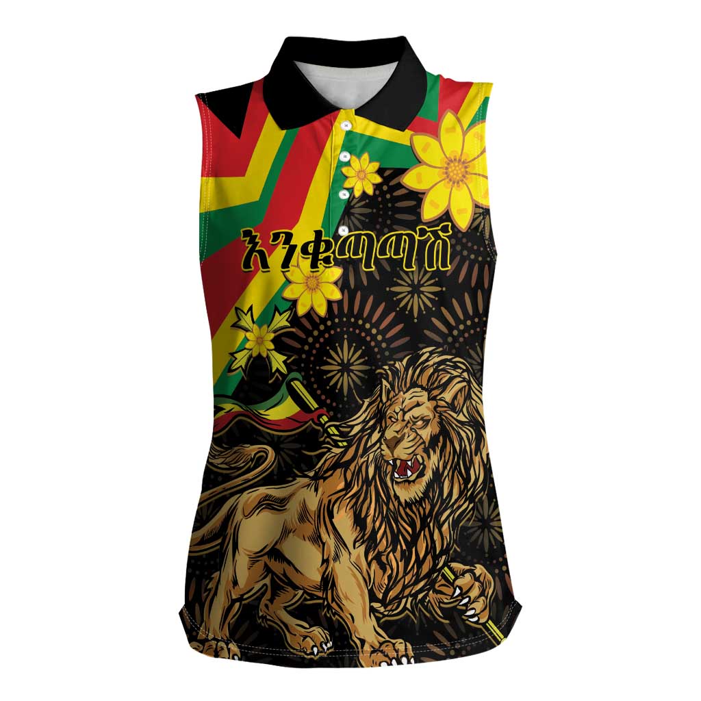 Enkutatash Ethiopia New Year Women Sleeveless Polo Shirt Lion of Judah Adey Abeba Flower - Wonder Print Shop